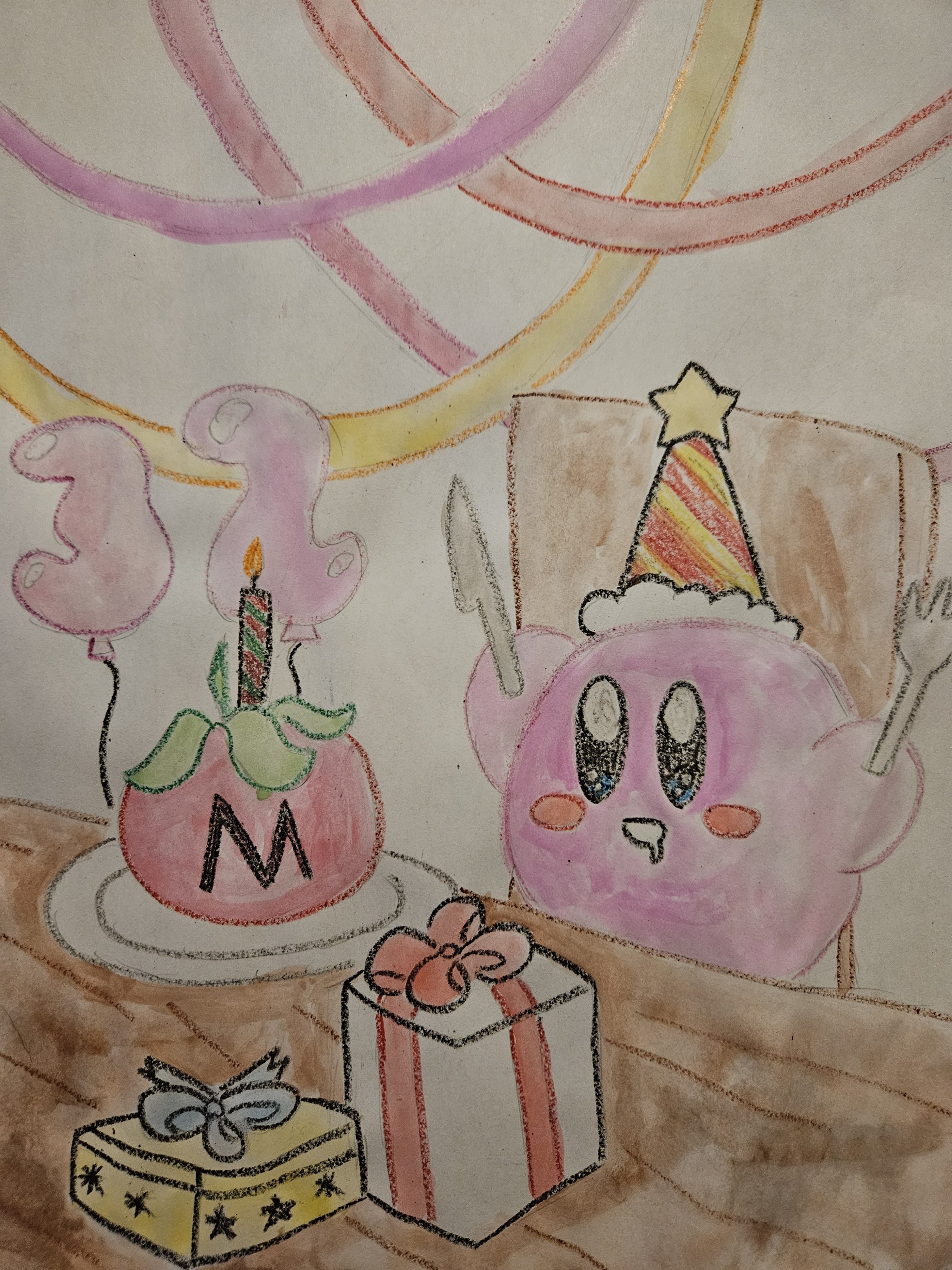 a watercolor painting of Kirby's birthday party. he's wearing a party hat and sitting at a table, holding a fork and knife and staring excitedly at a maxim tomato in place of a birthday cake. beside the tomato, there are two wrapped presents on the table. the background is decorated with pink and yellow streamers, and two pink balloons shaped like the numbers 3 and 2.